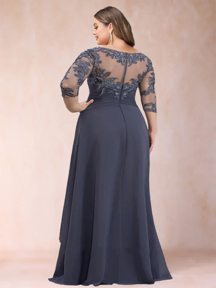 Celeste| Vestido Chiffon de Corte A con Escote Redondo y Apliques & Volantes