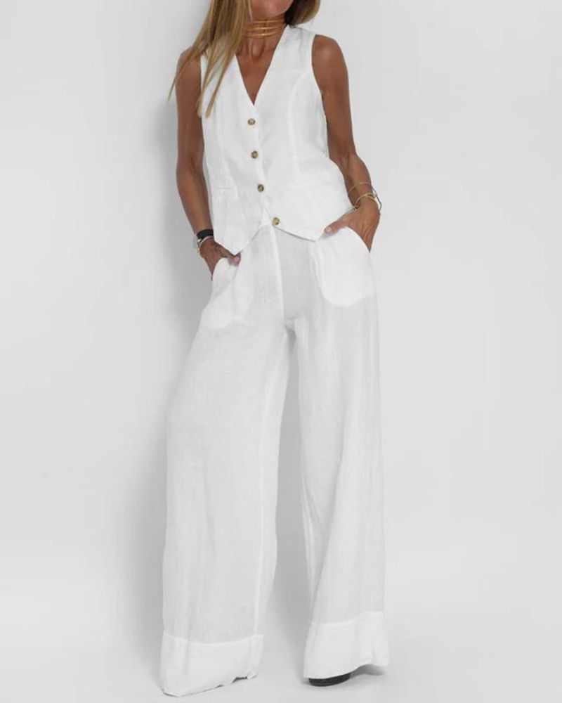 MELIA - Conjunto Chic Sin Mangas y Pantalón Ancho