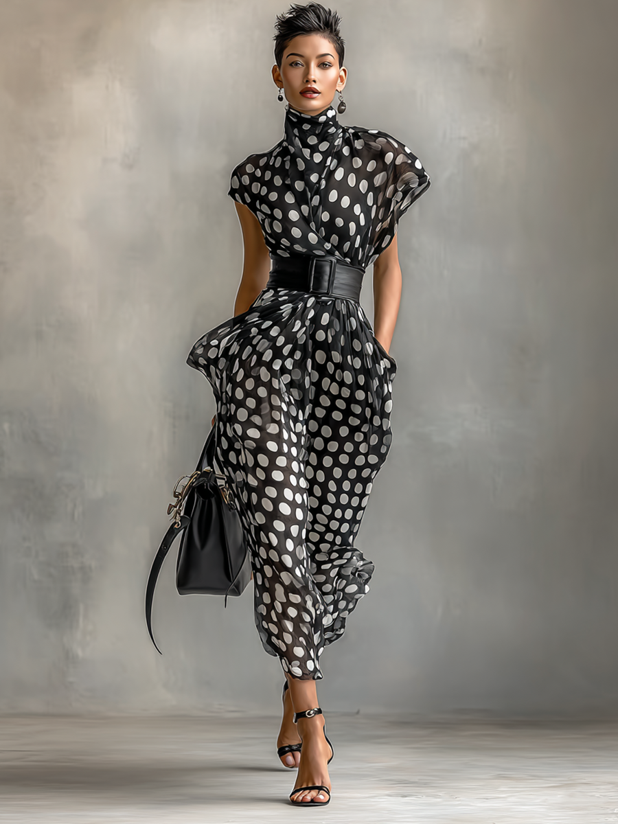 Vestido Maxi de Chiffon con Estampado de Lunares y Cuello Alto
