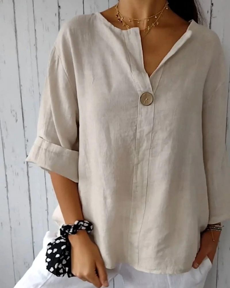 ARAI - TOP DE ALGODÓN Y LINO CON CUELLO EN V Y BOTONES