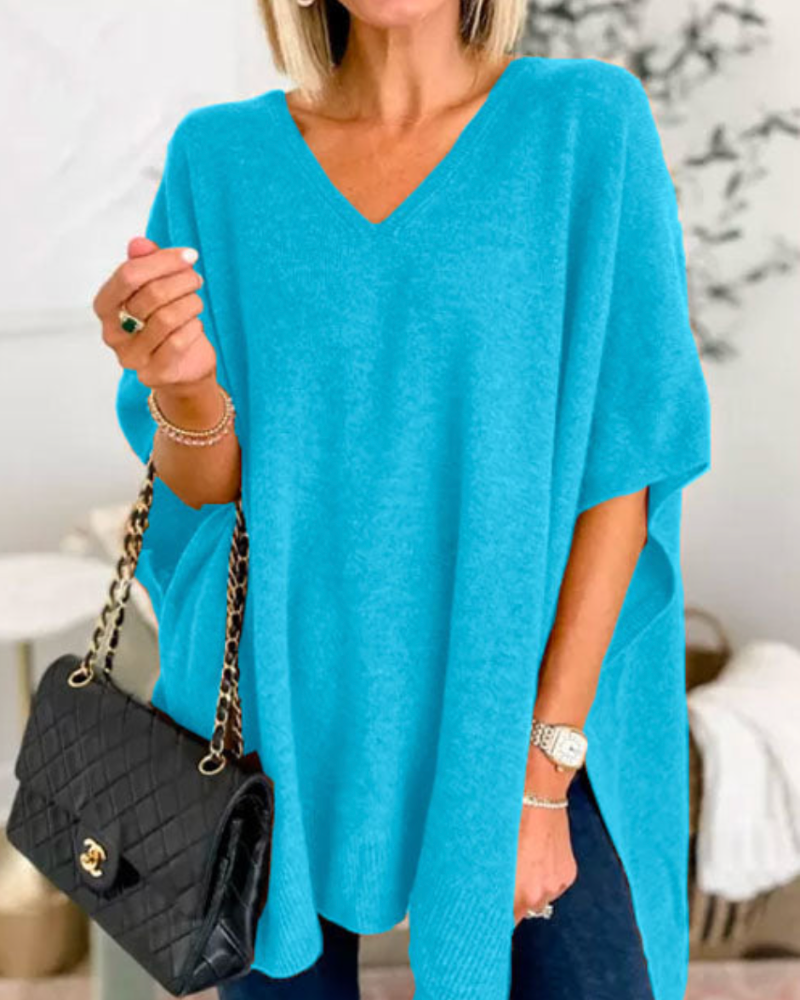ERICA - Poncho de punto uni con cuello en V y corte amplio