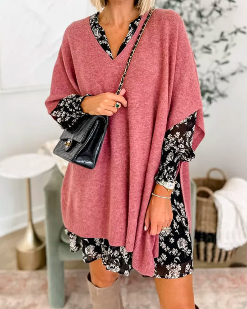 ERICA - Poncho de punto uni con cuello en V y corte amplio