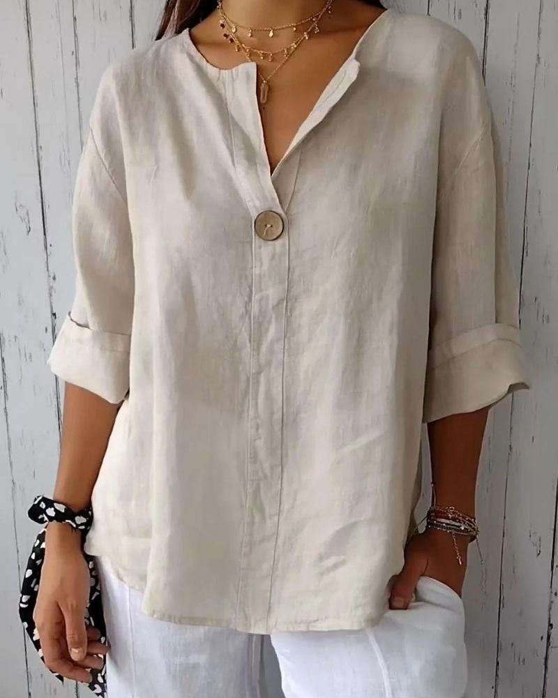 ARAI - TOP DE ALGODÓN Y LINO CON CUELLO EN V Y BOTONES