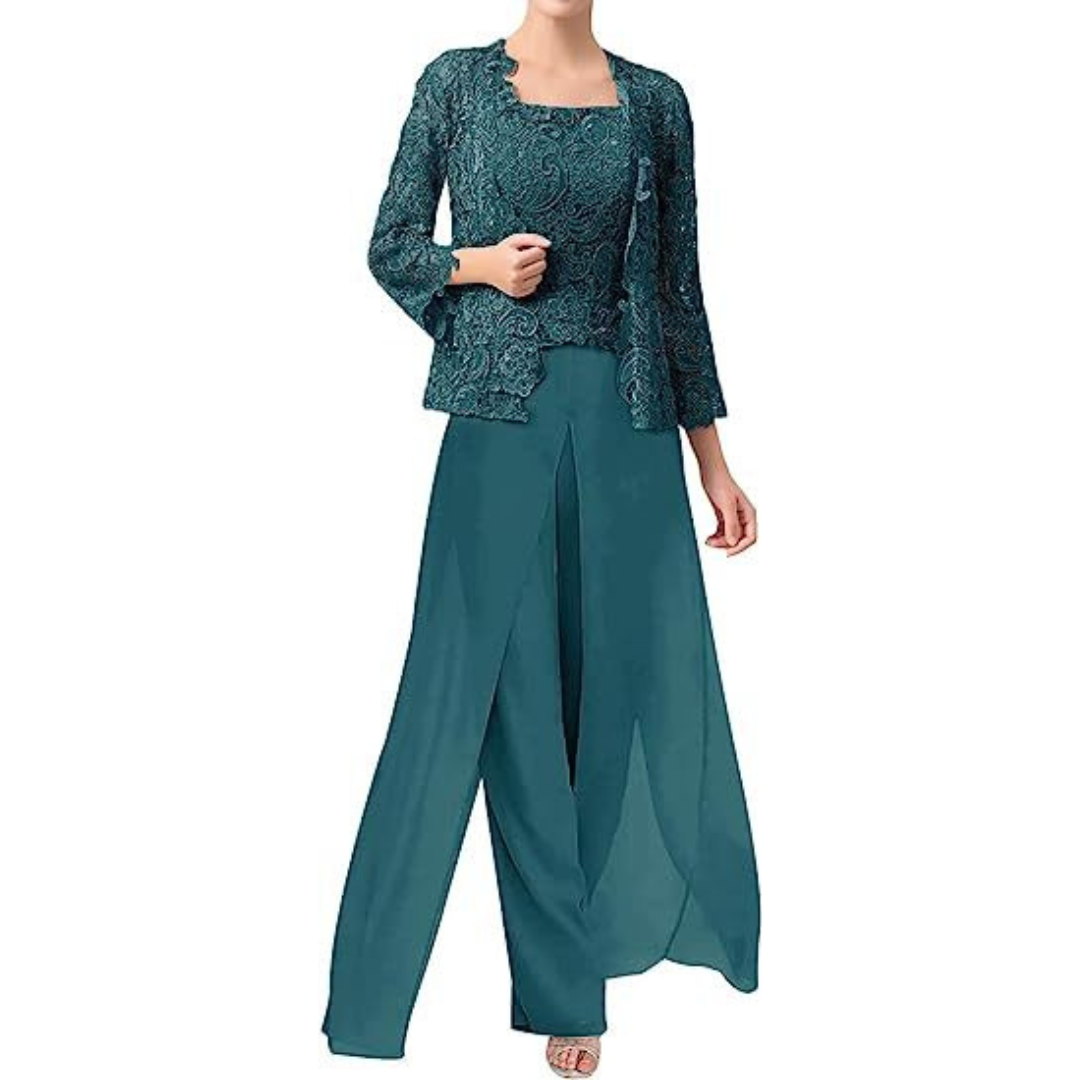 Diana – Mono de Encaje y Chiffon con Cuello Cuadrado y Chaqueta