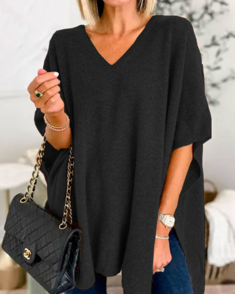 ERICA - Poncho de punto uni con cuello en V y corte amplio