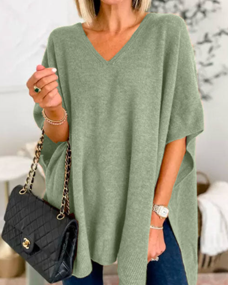ERICA - Poncho de punto uni con cuello en V y corte amplio