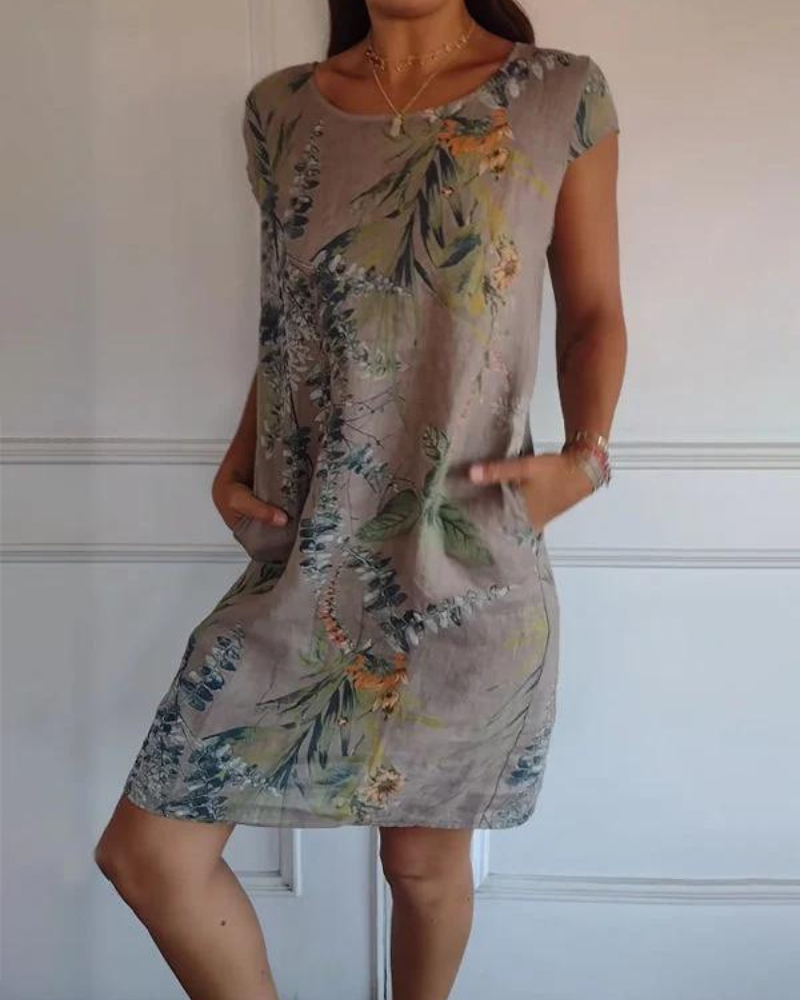 JOANA - VESTIDO IMPRESO CON CUELLO REDONDO EN ALGODÓN Y LINO