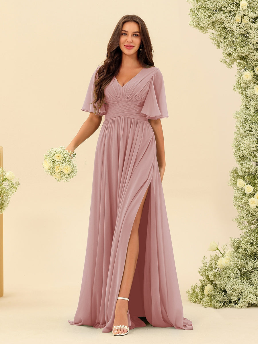 Elise | Vestido de Chifón A-Line con Escote en V y Bolsillos