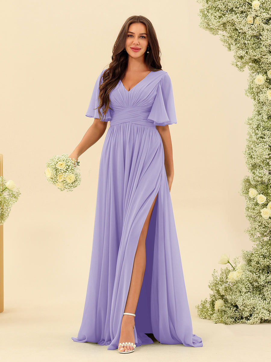 Elise | Vestido de Chifón A-Line con Escote en V y Bolsillos