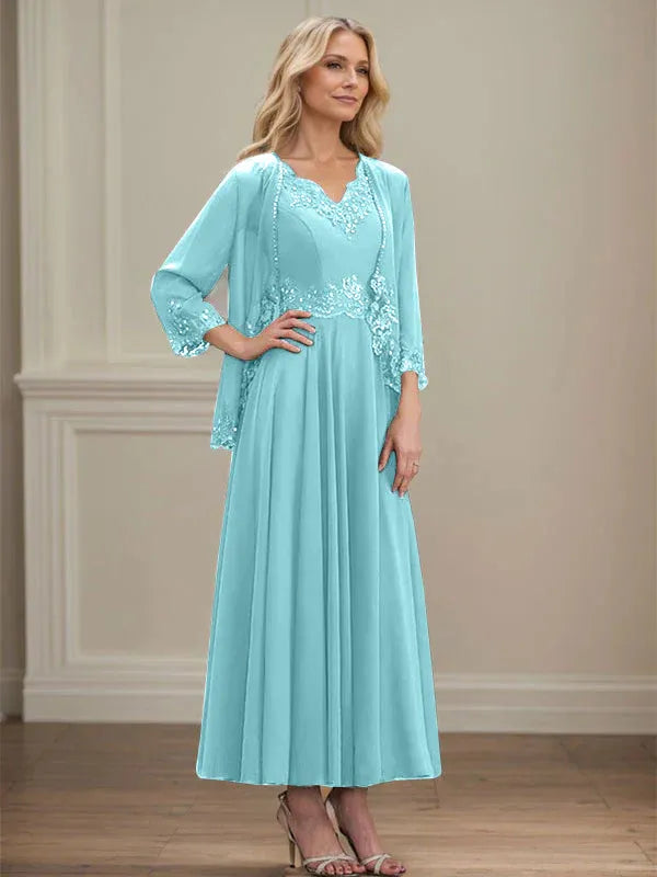 Evelina | Vestido de Chiffon en Corte A con Lentejuelas y Encaje