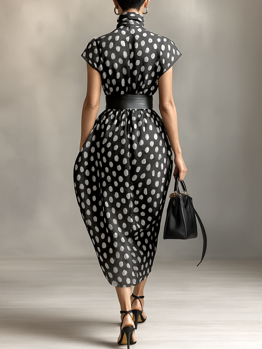 Vestido Maxi de Chiffon con Estampado de Lunares y Cuello Alto