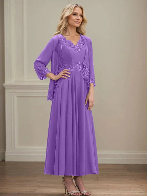 Evelina | Vestido de Chiffon en Corte A con Lentejuelas y Encaje