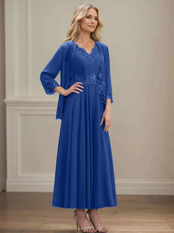 Evelina | Vestido de Chiffon en Corte A con Lentejuelas y Encaje