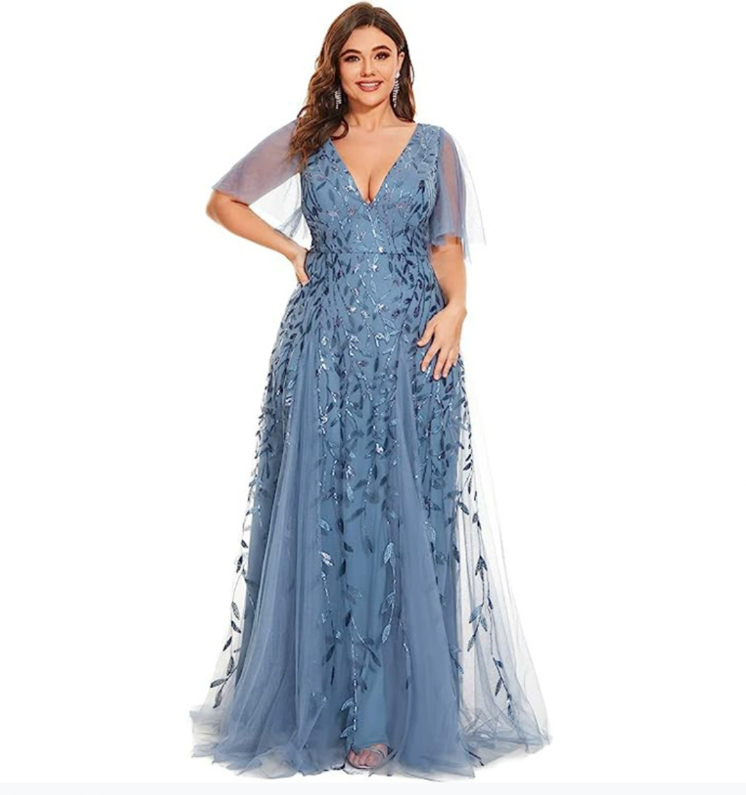Marjorie | Vestido de Encaje y Lentejuelas de Talla Grande con Escote en V para la Madre de la Novia