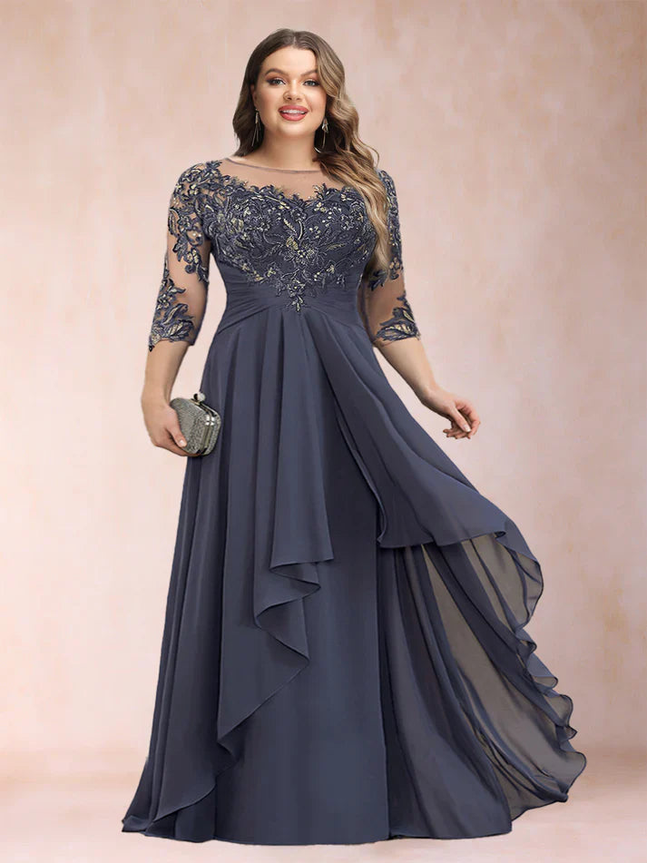 Celeste| Vestido Chiffon de Corte A con Escote Redondo y Apliques & Volantes