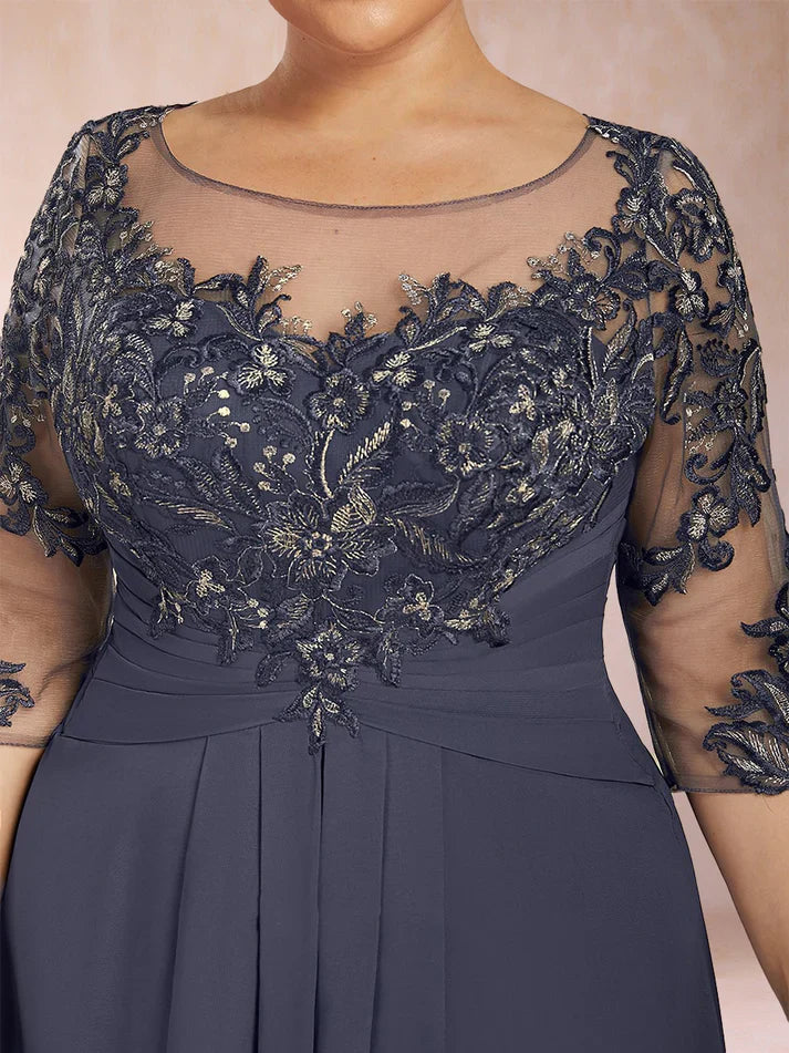 Celeste| Vestido Chiffon de Corte A con Escote Redondo y Apliques & Volantes