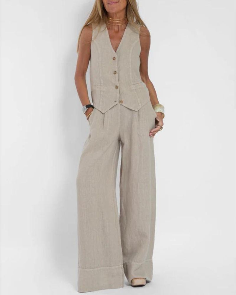 MELIA - Conjunto Chic Sin Mangas y Pantalón Ancho