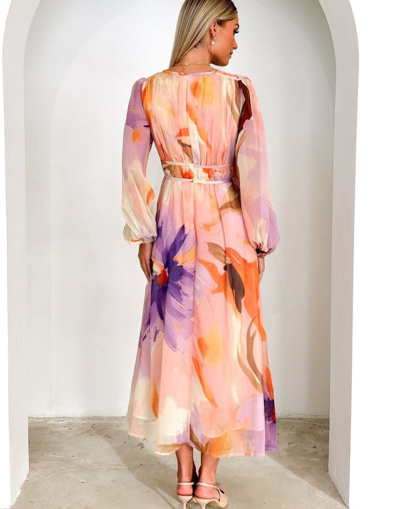 BARONA - VESTIDO MAXI CHIC MULTICOLOR DE MANGAS LARGAS