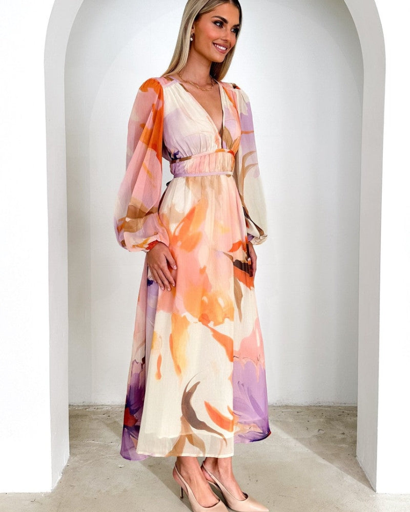 BARONA - VESTIDO MAXI CHIC MULTICOLOR DE MANGAS LARGAS