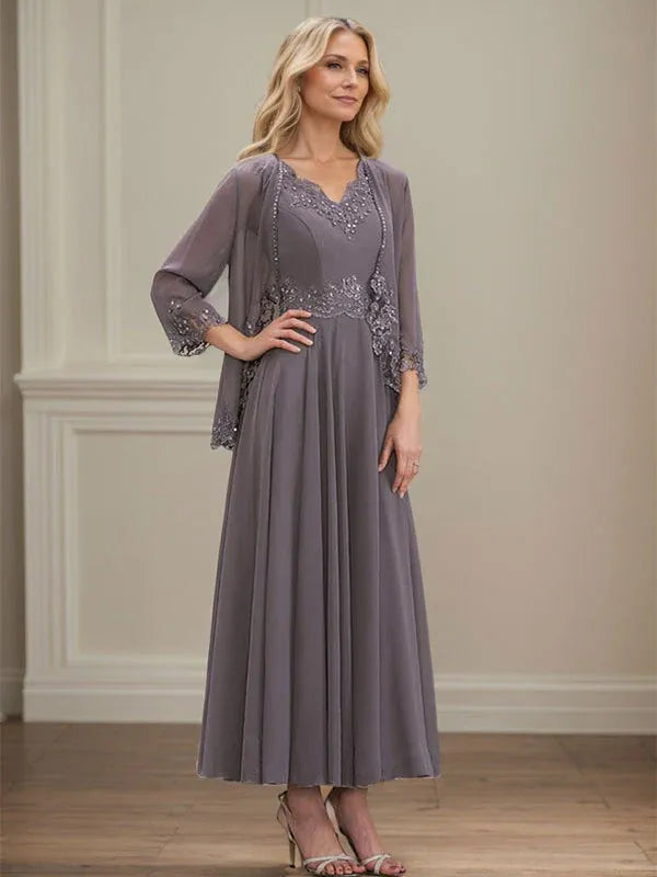 Evelina | Vestido de Chiffon en Corte A con Lentejuelas y Encaje