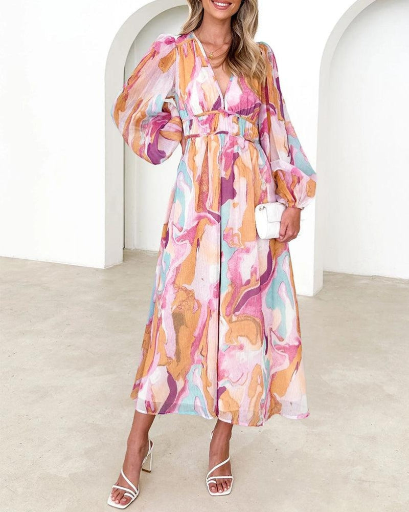BARONA - VESTIDO MAXI CHIC MULTICOLOR DE MANGAS LARGAS