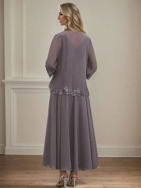 Evelina | Vestido de Chiffon en Corte A con Lentejuelas y Encaje