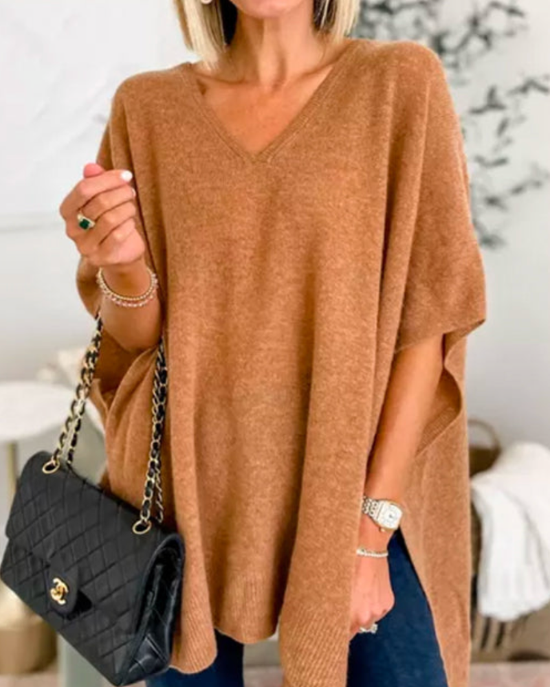 ERICA - Poncho de punto uni con cuello en V y corte amplio