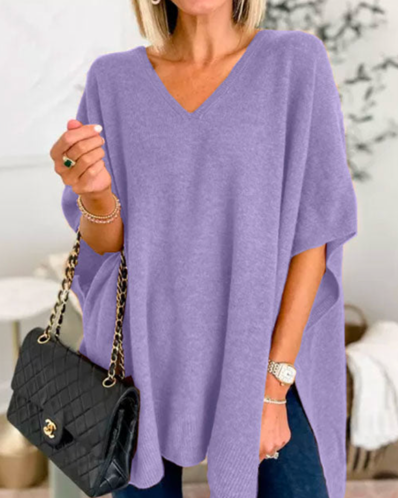 ERICA - Poncho de punto uni con cuello en V y corte amplio