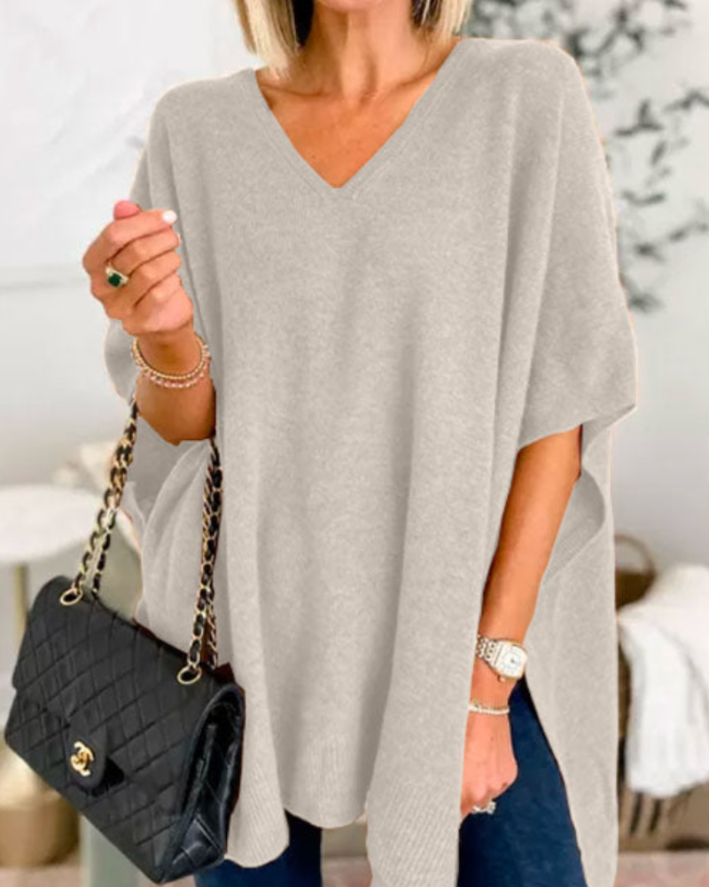 ERICA - Poncho de punto uni con cuello en V y corte amplio