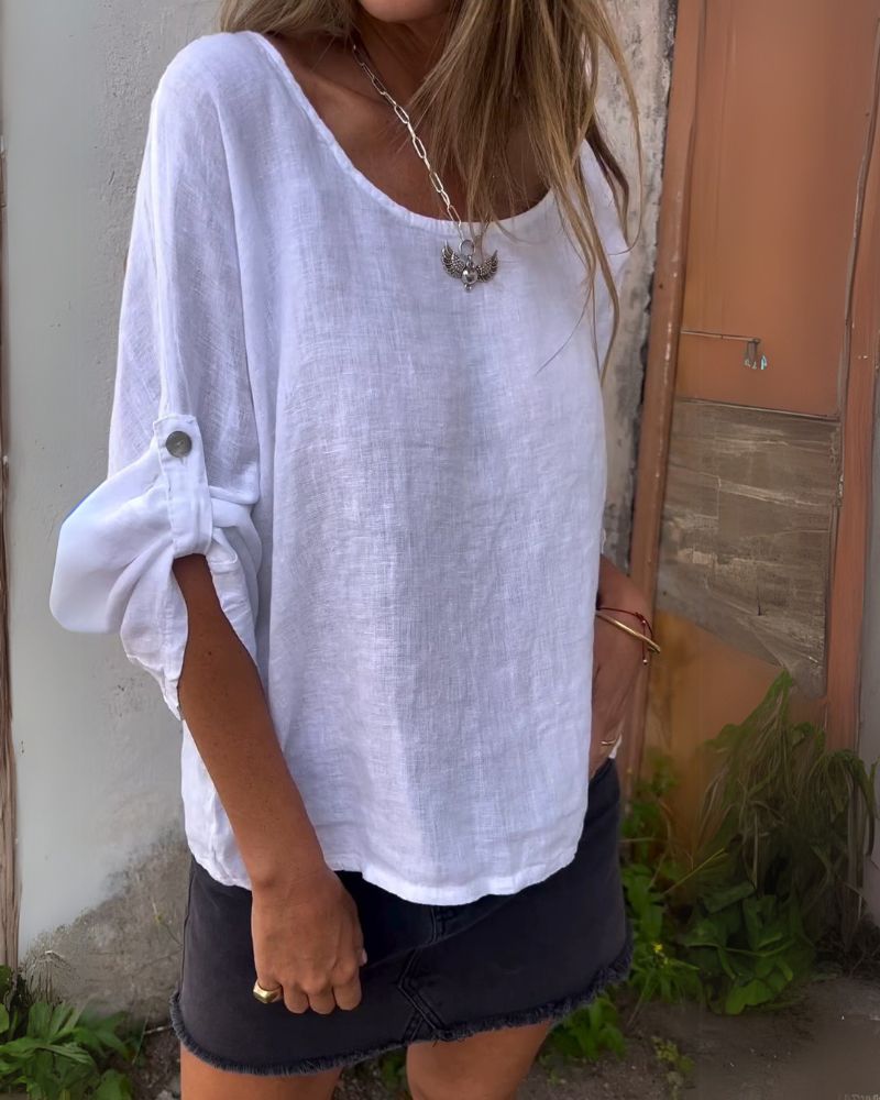 PERERENAN - CAMISA DE CUELLO REDONDO DE ALGODÓN Y LINO