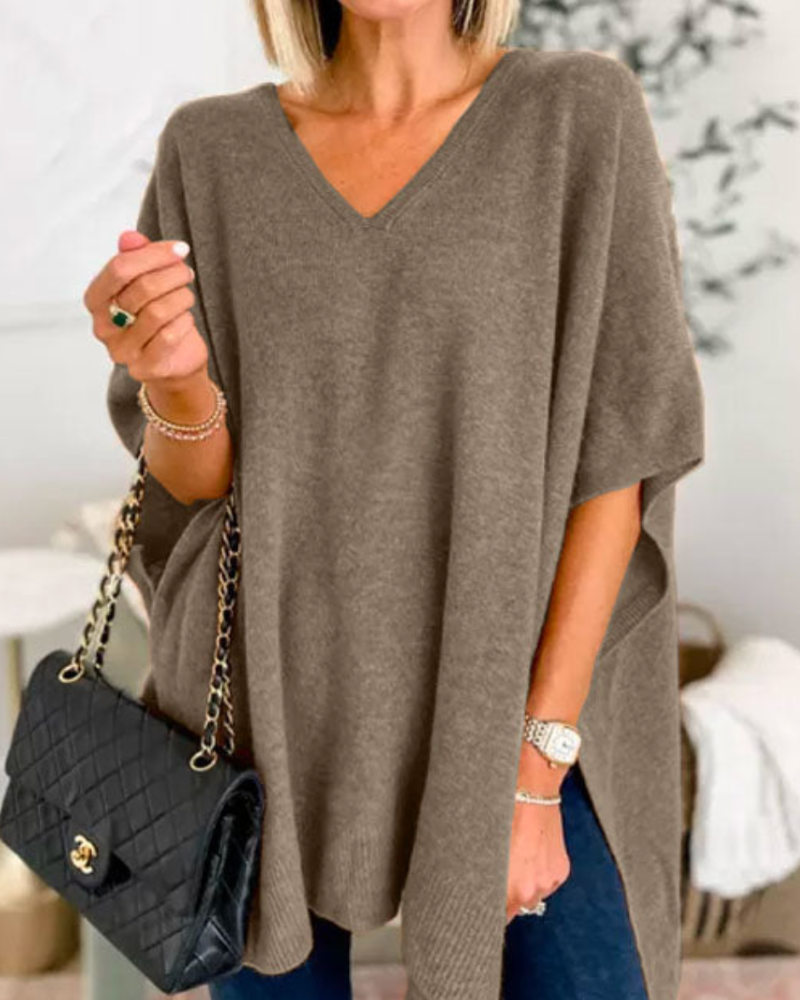 ERICA - Poncho de punto uni con cuello en V y corte amplio