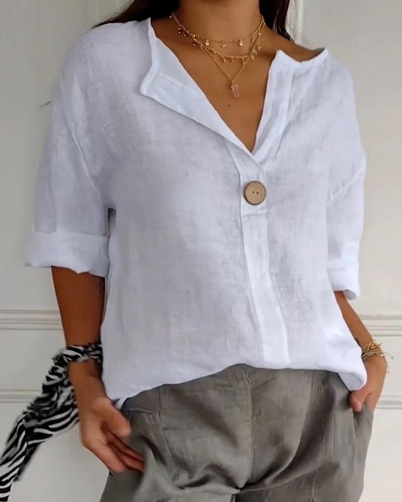 ARAI - TOP DE ALGODÓN Y LINO CON CUELLO EN V Y BOTONES