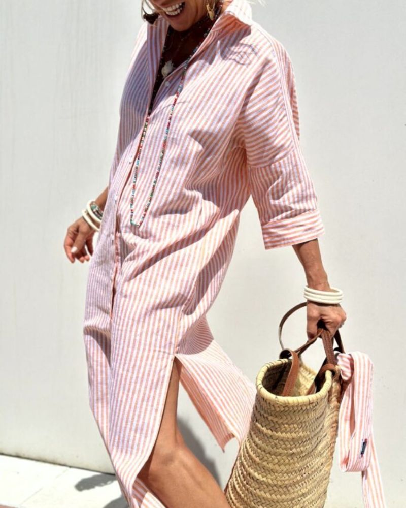 COLEN - VESTIDO CAMISERO CLÁSICO RAYADO CON CORDONES