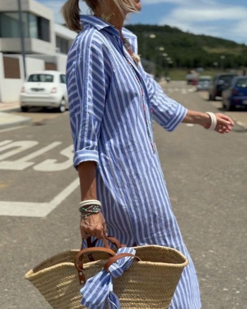 COLEN - VESTIDO CAMISERO CLÁSICO RAYADO CON CORDONES