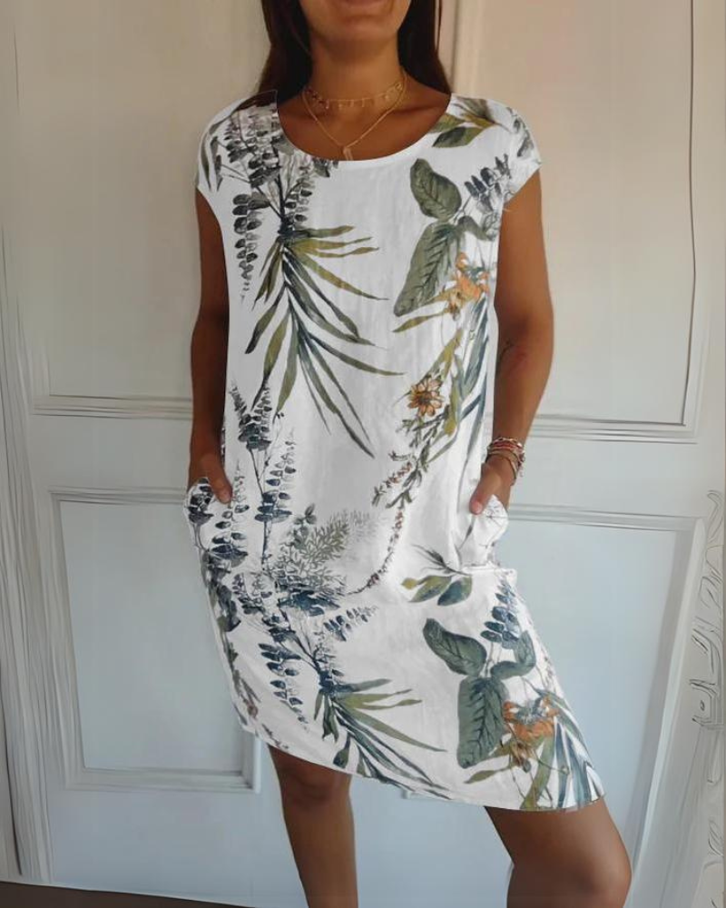 JOANA - VESTIDO IMPRESO CON CUELLO REDONDO EN ALGODÓN Y LINO