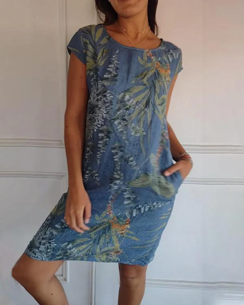 JOANA - VESTIDO IMPRESO CON CUELLO REDONDO EN ALGODÓN Y LINO