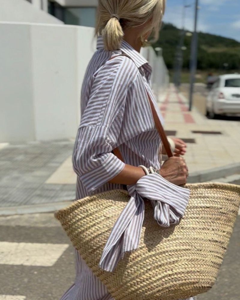 COLEN - VESTIDO CAMISERO CLÁSICO RAYADO CON CORDONES