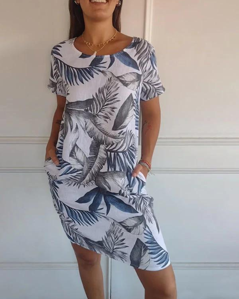 JOANA - VESTIDO IMPRESO CON CUELLO REDONDO EN ALGODÓN Y LINO