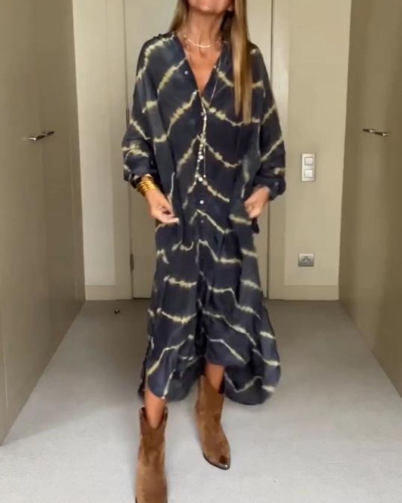 BOMEA - VESTIDO LARGO BOHEMIO A RAYAS CON MANGAS LARGAS