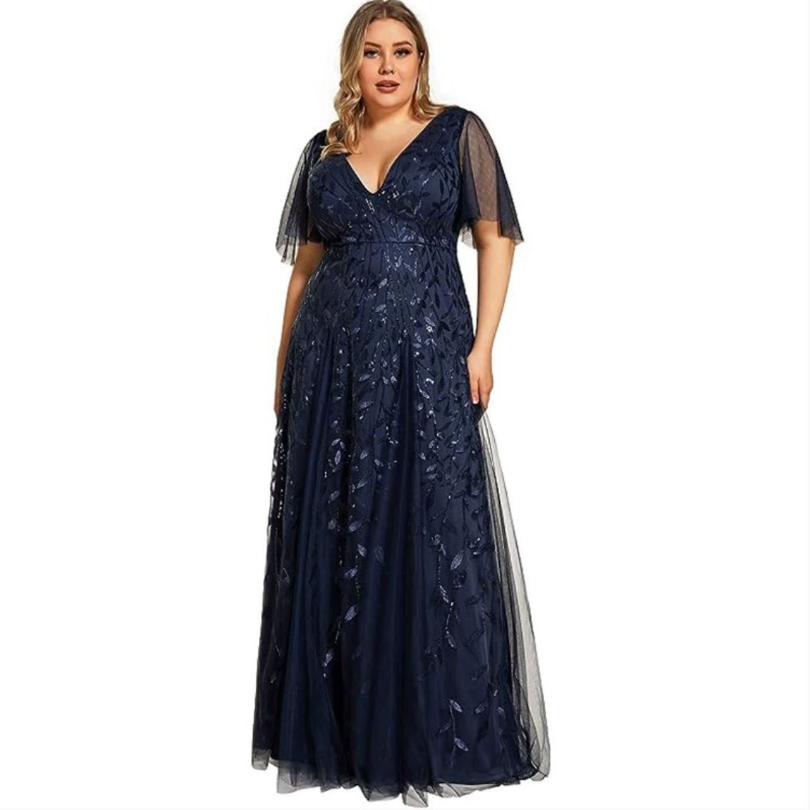 Marjorie | Vestido de Encaje y Lentejuelas de Talla Grande con Escote en V para la Madre de la Novia