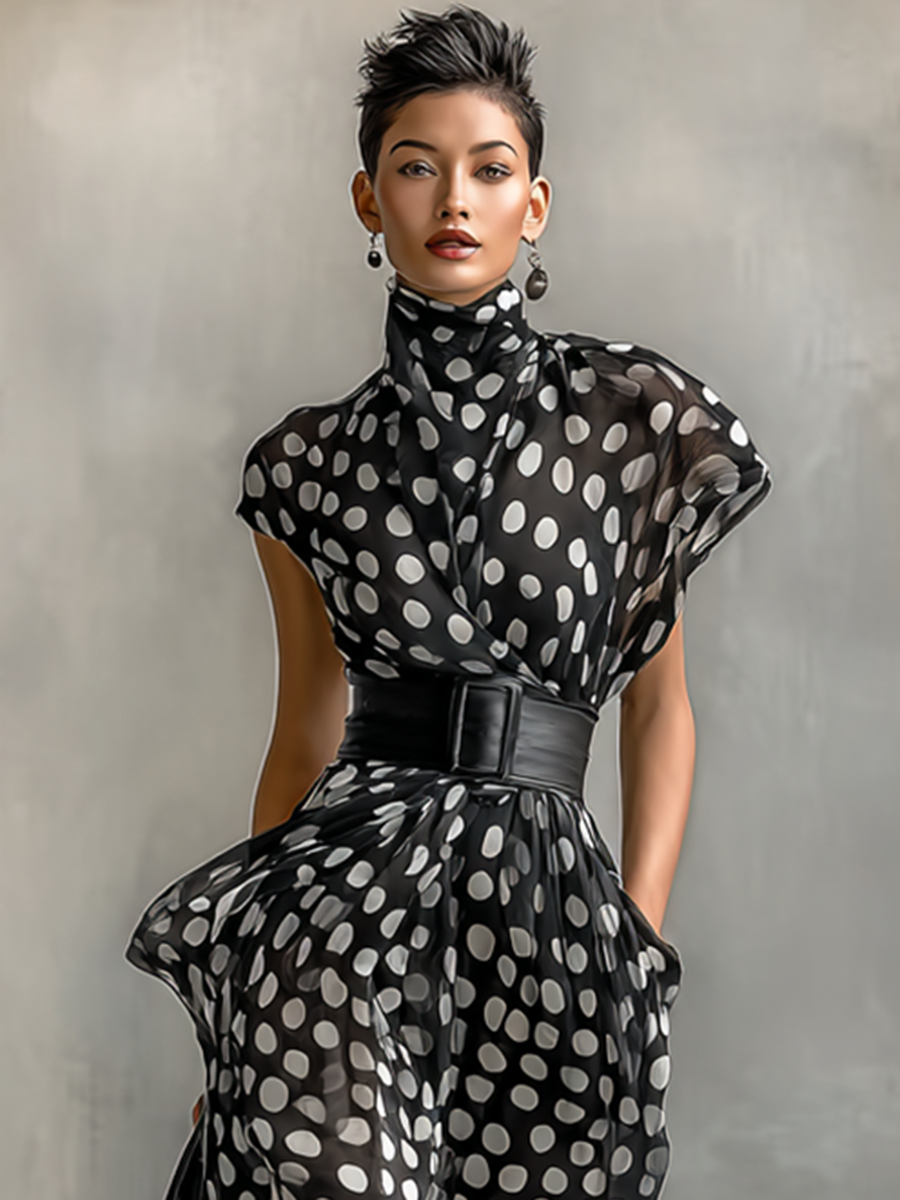 Vestido Maxi de Chiffon con Estampado de Lunares y Cuello Alto