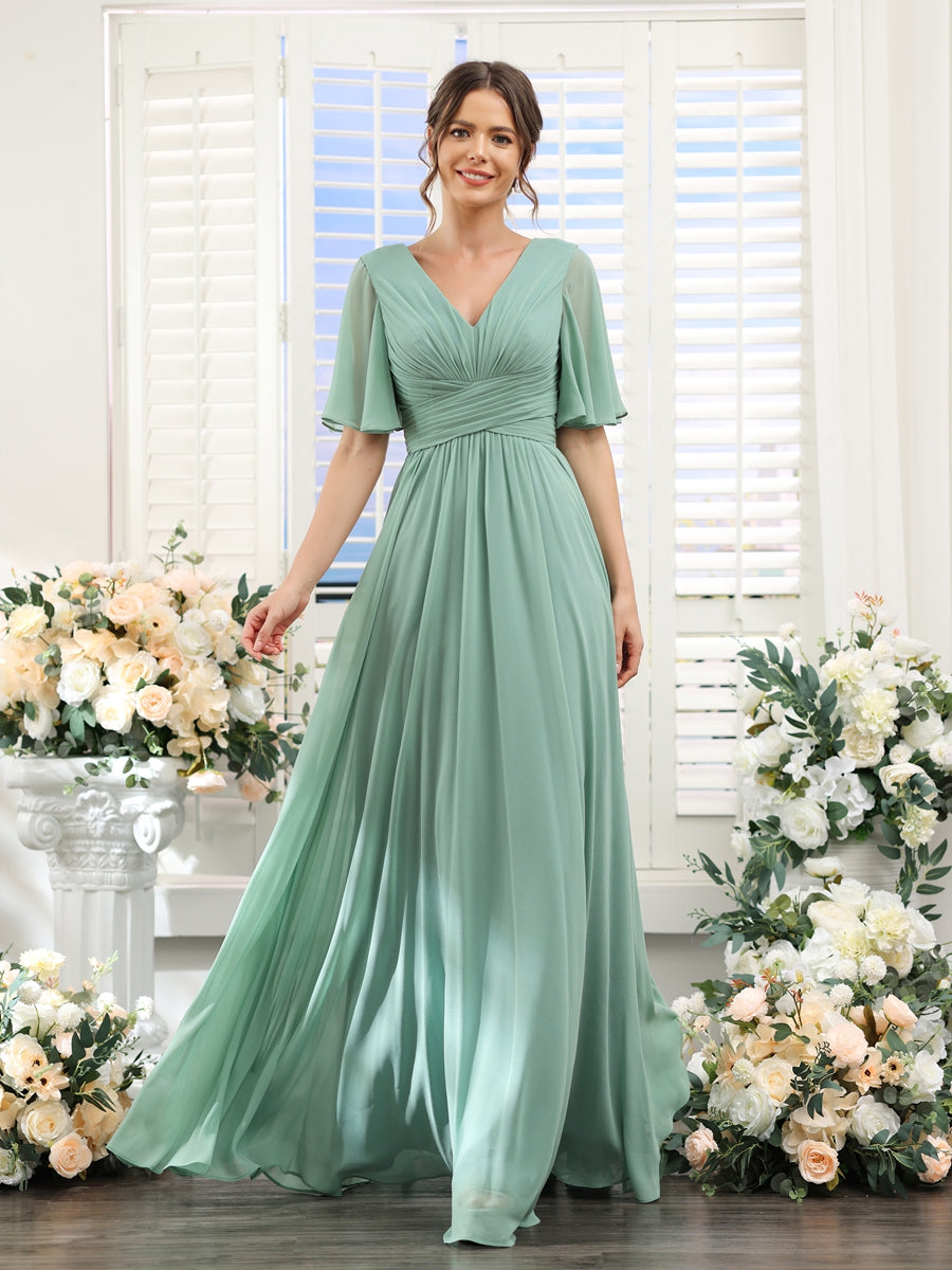 Elise | Vestido de Chifón A-Line con Escote en V y Bolsillos