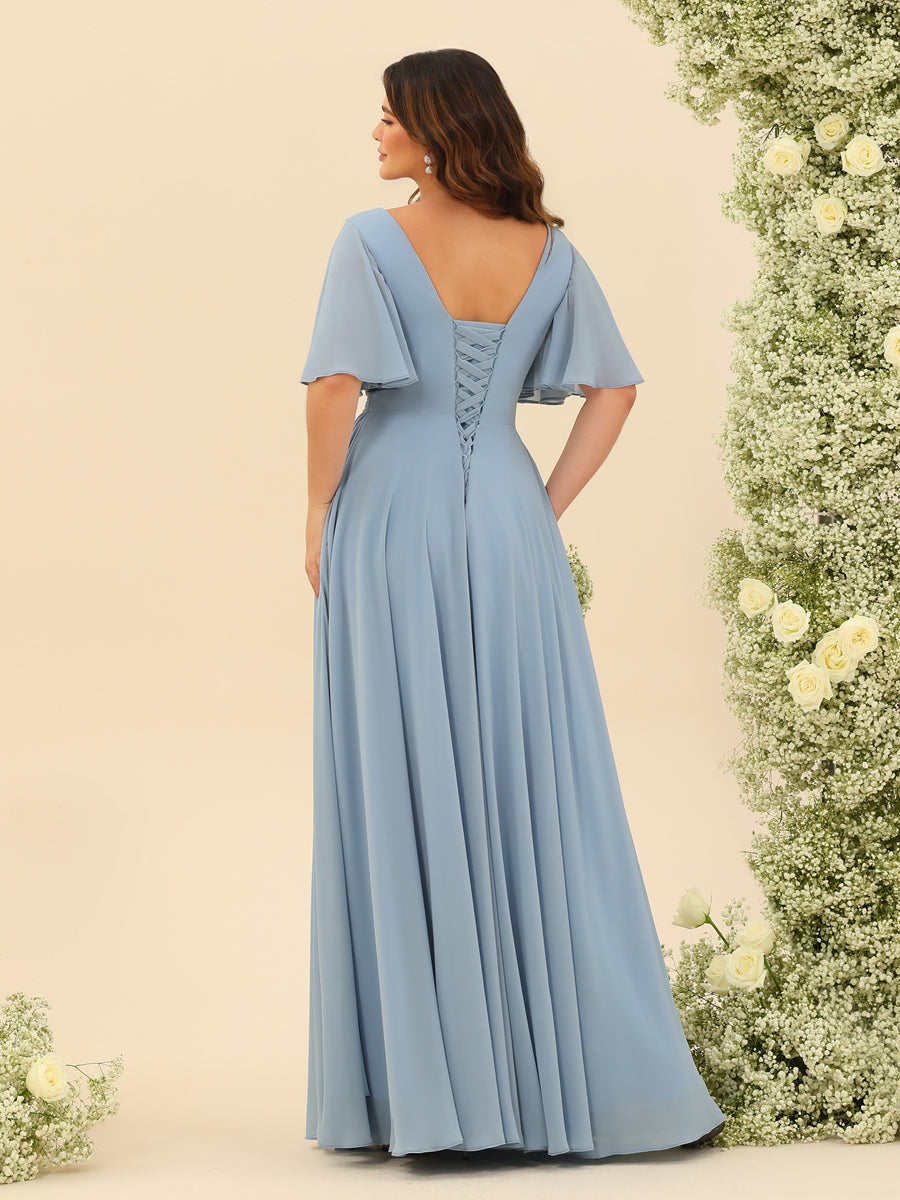 Elise | Vestido de Chifón A-Line con Escote en V y Bolsillos