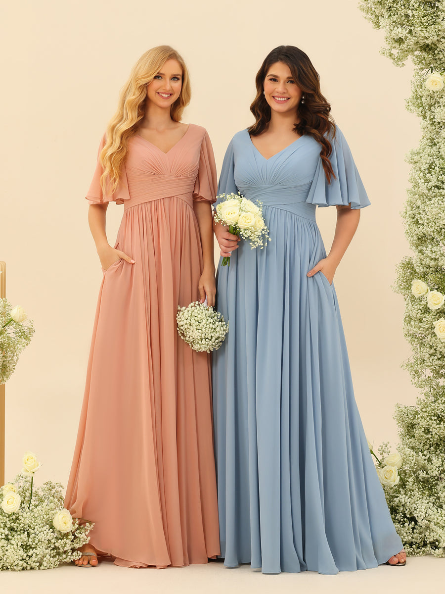 Elise | Vestido de Chifón A-Line con Escote en V y Bolsillos
