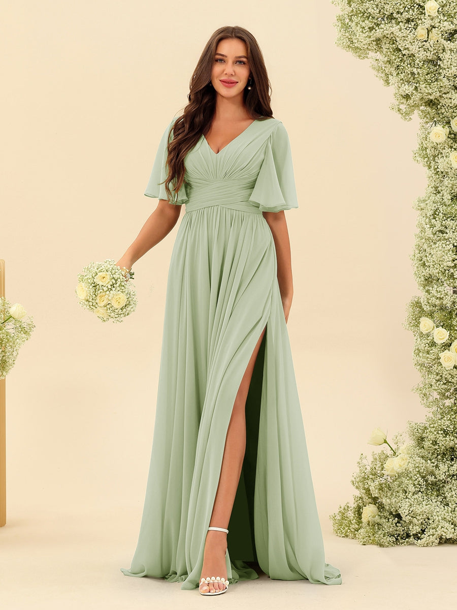 Elise | Vestido de Chifón A-Line con Escote en V y Bolsillos