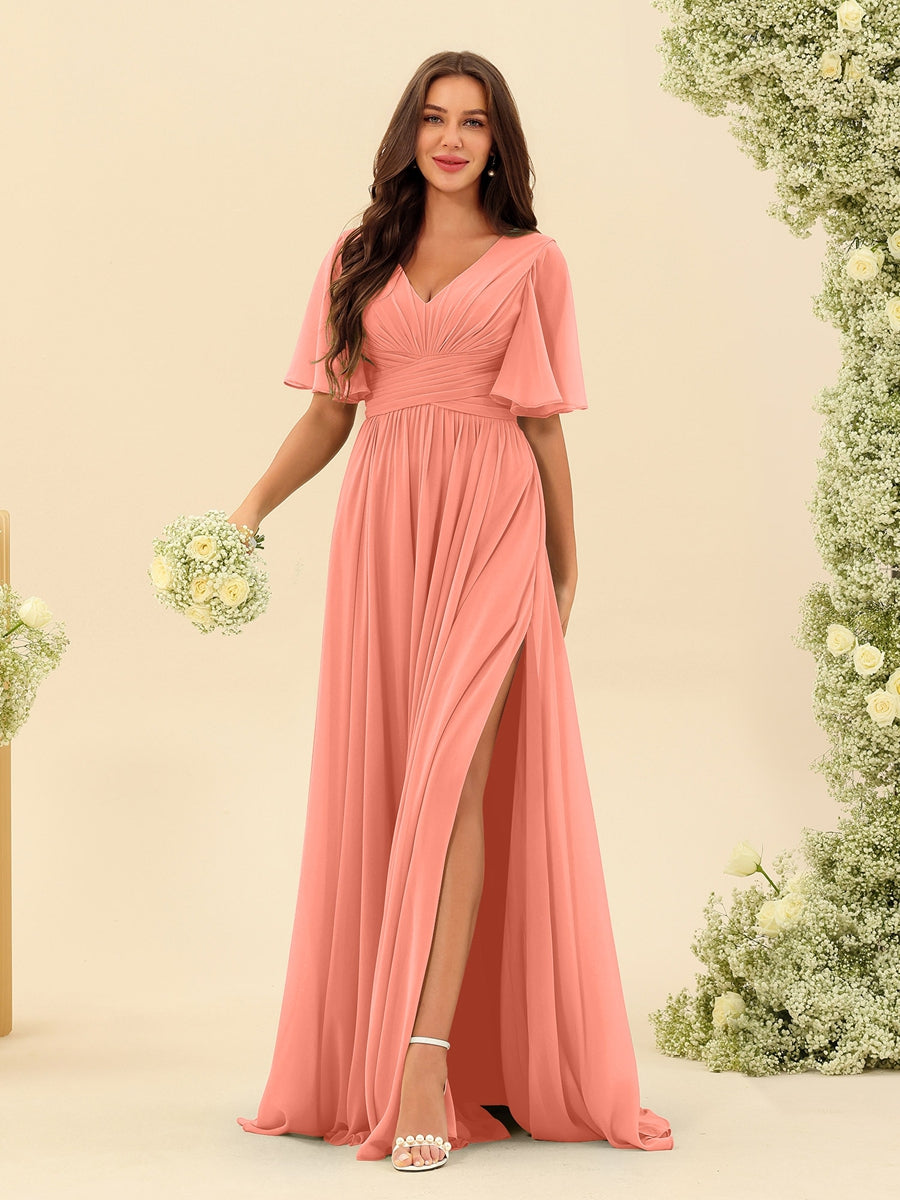 Elise | Vestido de Chifón A-Line con Escote en V y Bolsillos