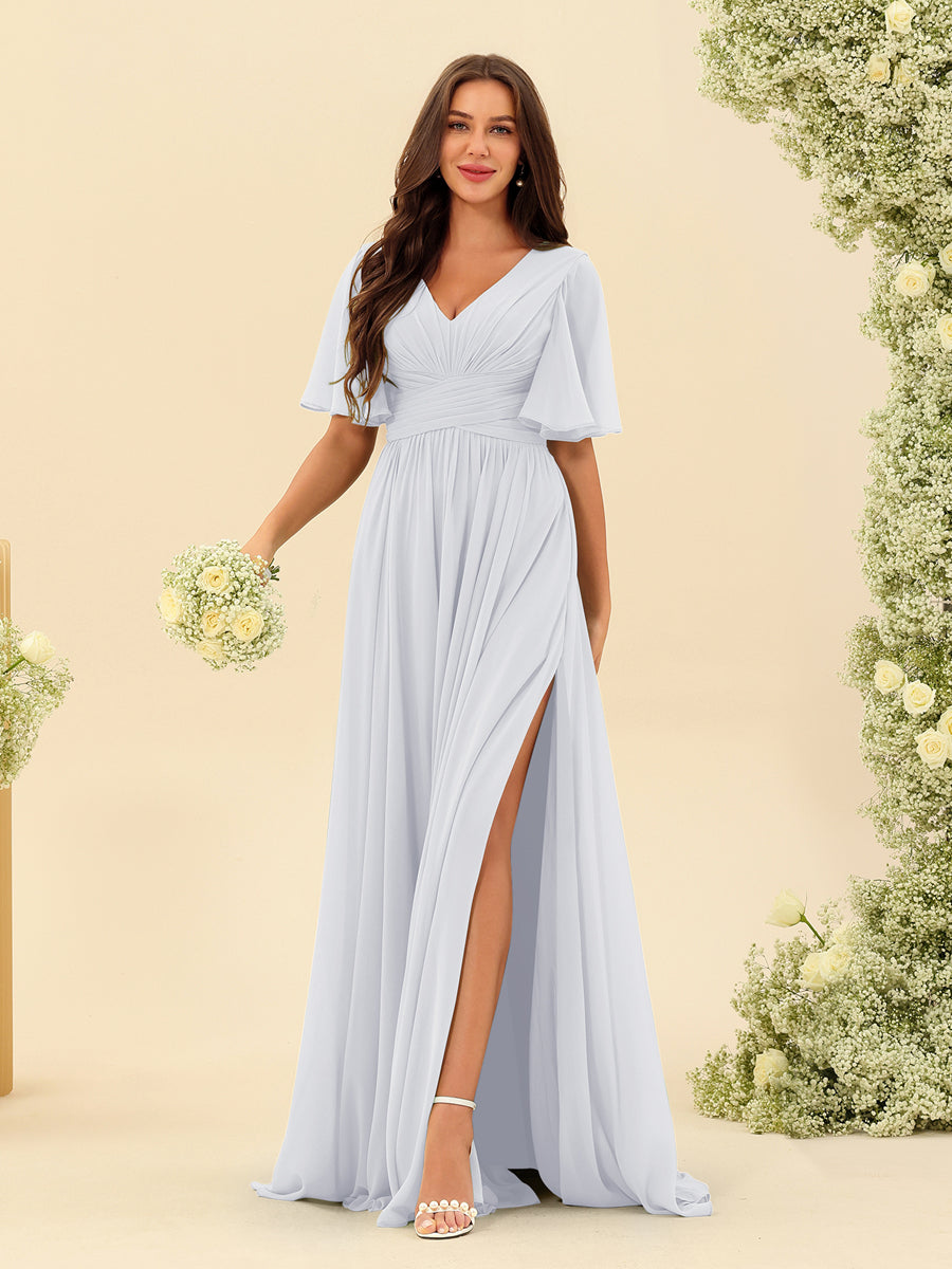 Elise | Vestido de Chifón A-Line con Escote en V y Bolsillos
