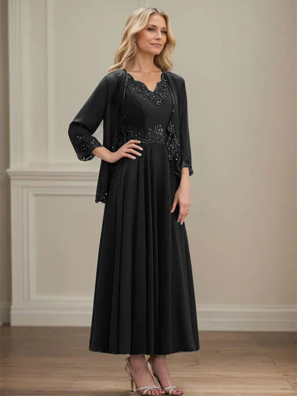 Evelina | Vestido de Chiffon en Corte A con Lentejuelas y Encaje