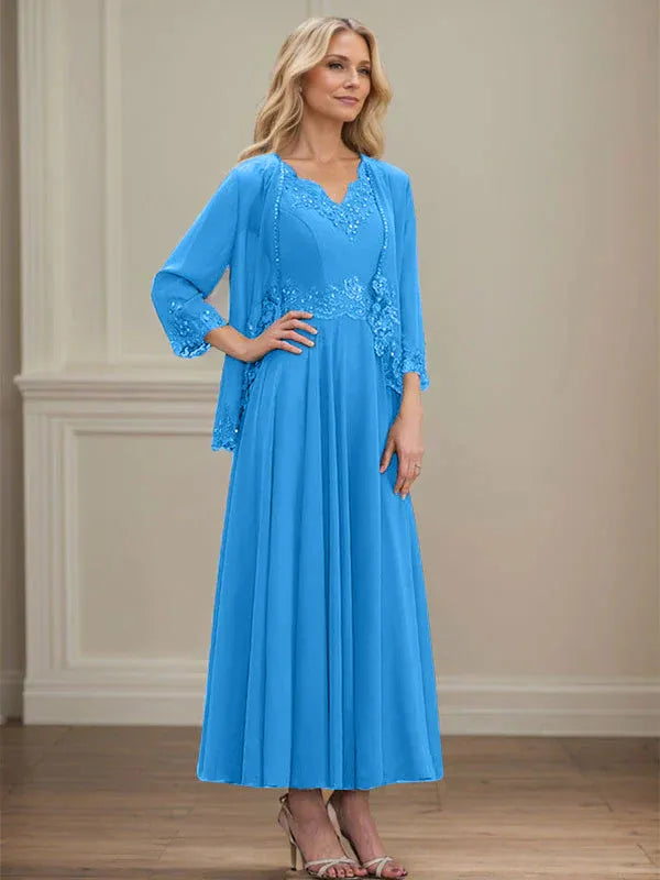 Evelina | Vestido de Chiffon en Corte A con Lentejuelas y Encaje