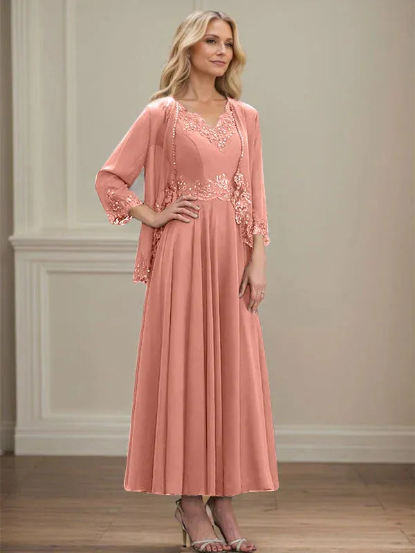 Evelina | Vestido de Chiffon en Corte A con Lentejuelas y Encaje